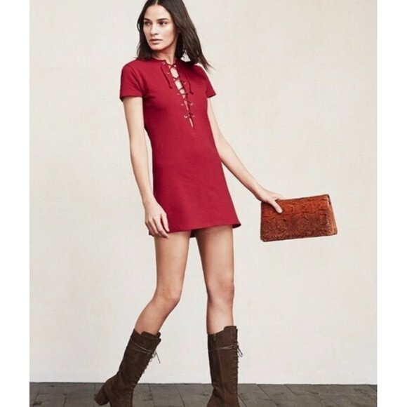 Reformation Caroline Lace-Up Neck Short-Sleeve Mini Dress in Red Size XS - Picture 2 of 13